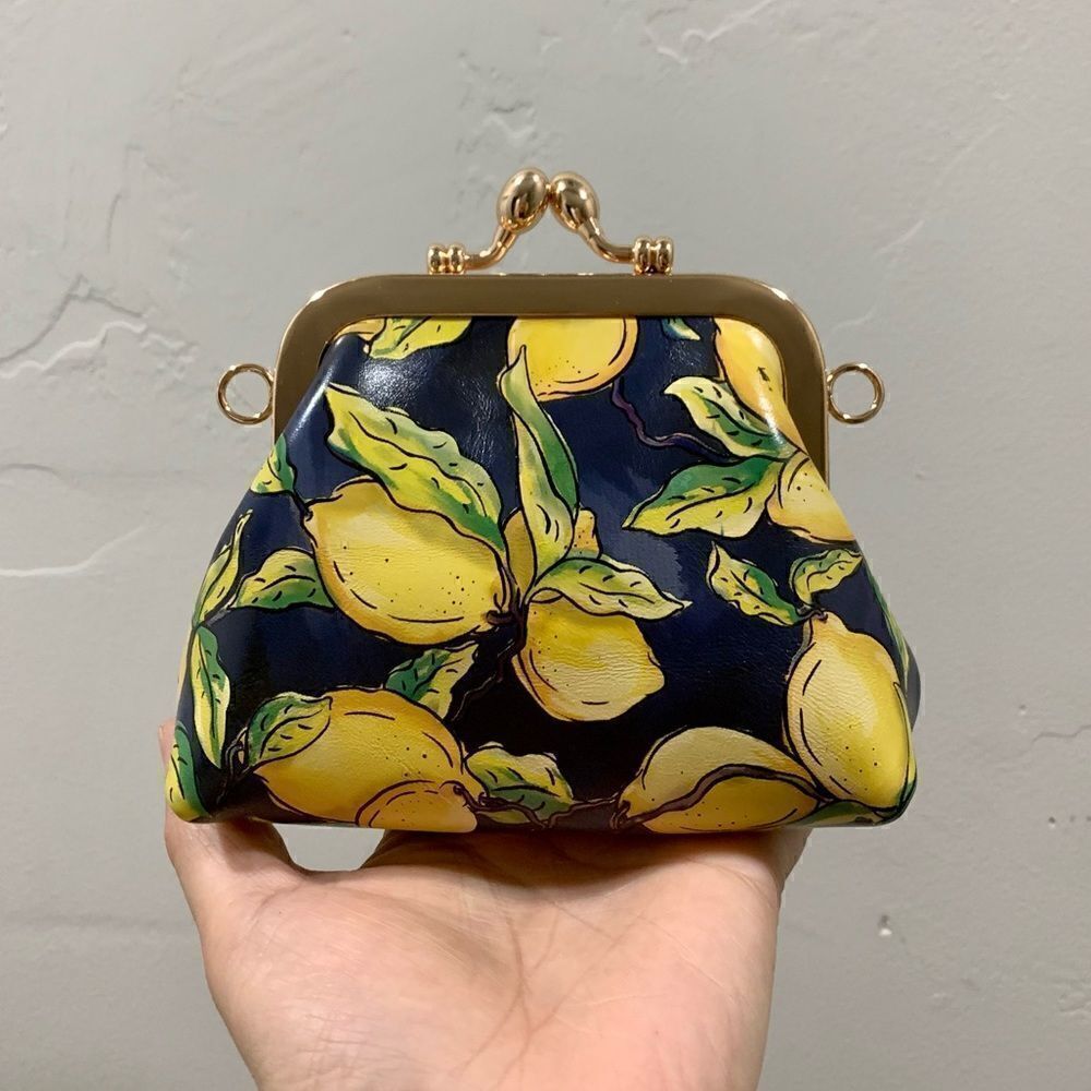 Handmade Genuine Cowhide Lemon Print Kisslock wallet/Wristlet/Coin purse - Picture 6 of 13
